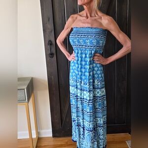 Angie Strapless Maxi Dress in Blue Pattern